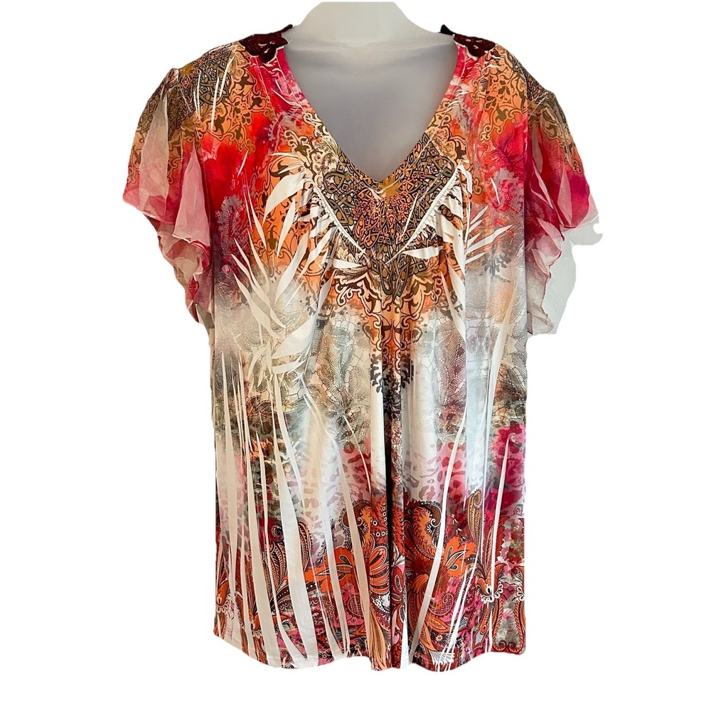 Y2K Cato Blouse Sz 26/28 Crochet Floral Hippie Boho Short Sleeve Sublimation